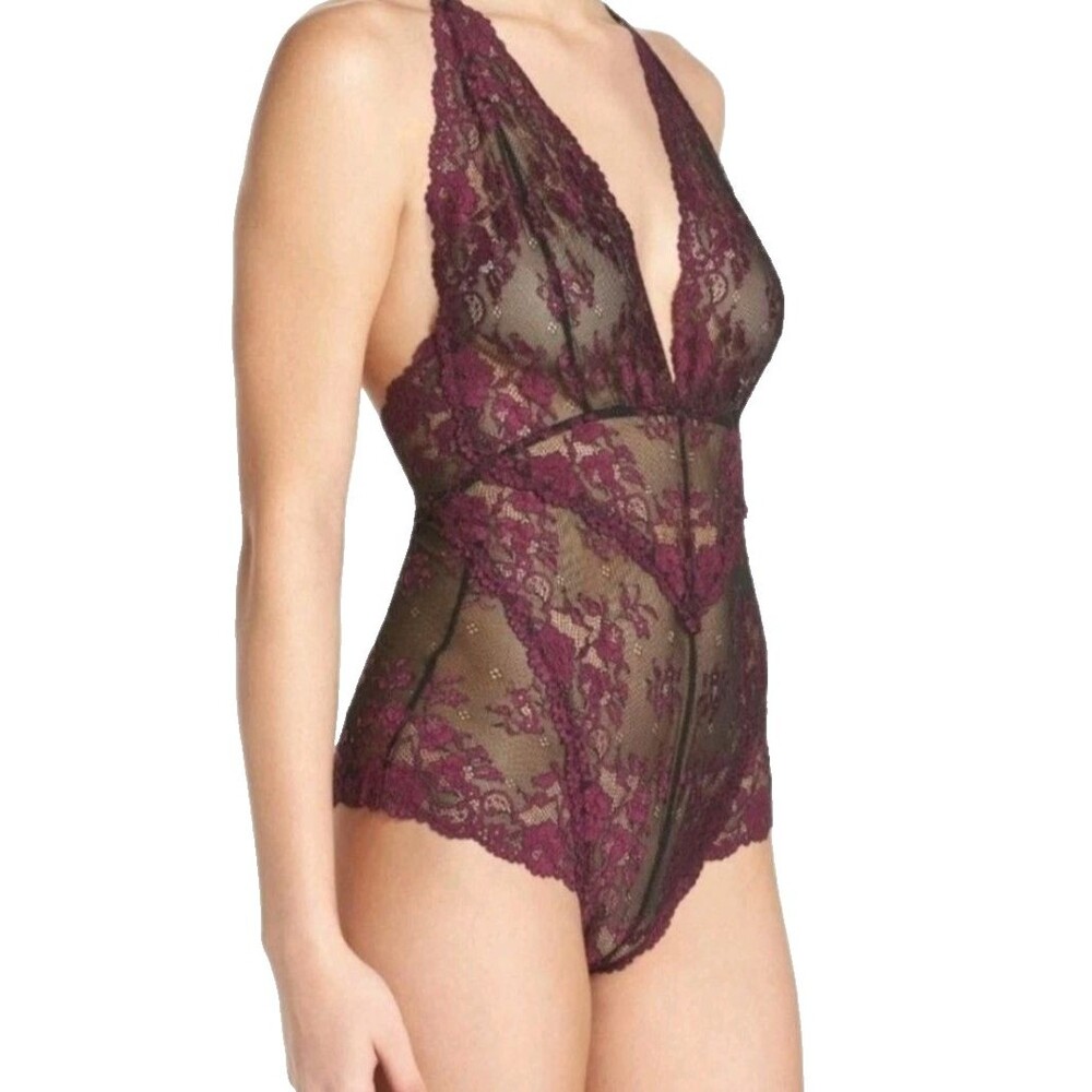 Free People Women’s Lace Bodysuit Small Black Fuchsia Plunging V Romantic NEW